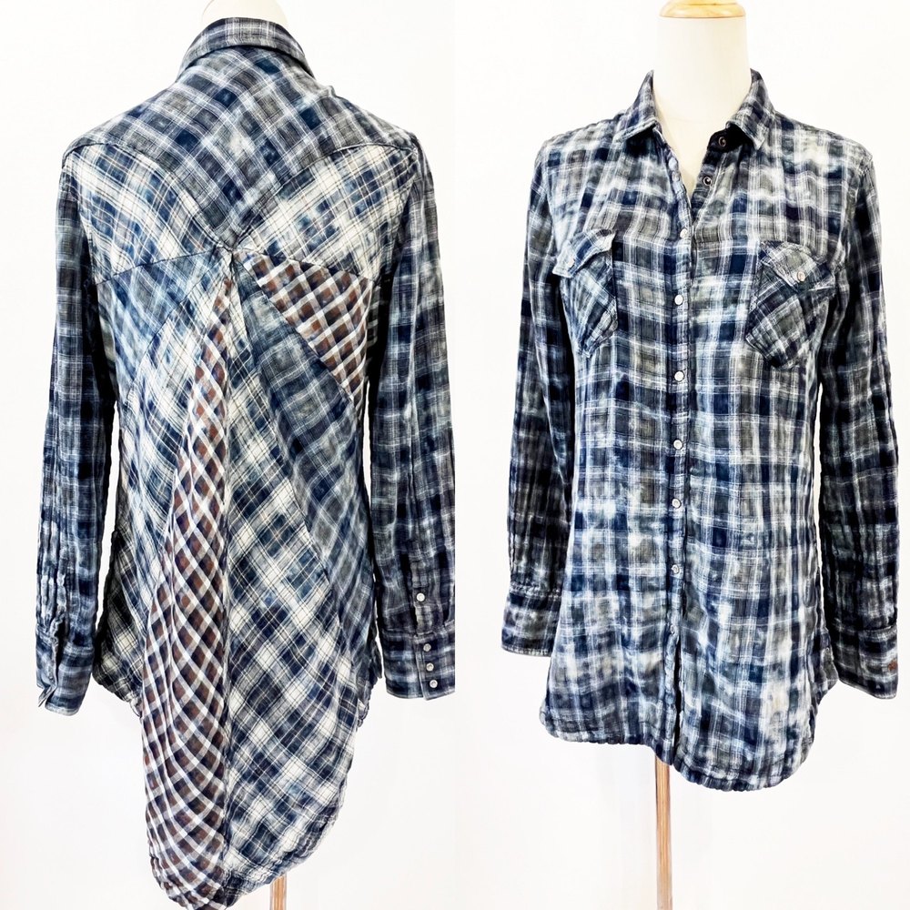 Ryan Michael Blue Plaid Patchwork Button Front Western Shirt Snaps